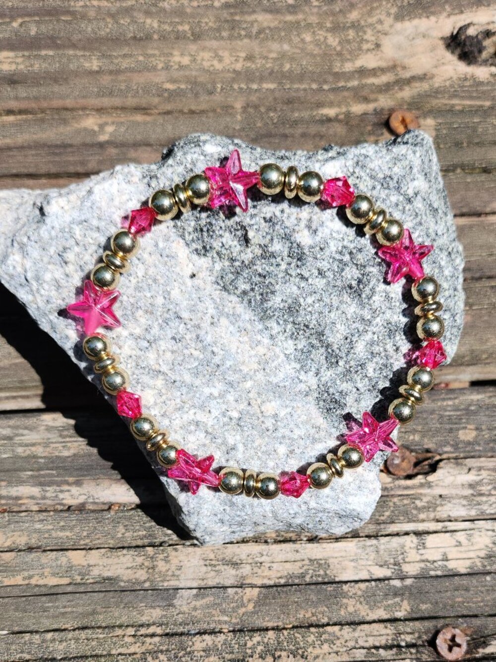 Pink Star and Bicone Beaded Bracelet.